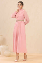 Juniper Women Pink Chiffon Woven Design Flared Dress | Grocsy