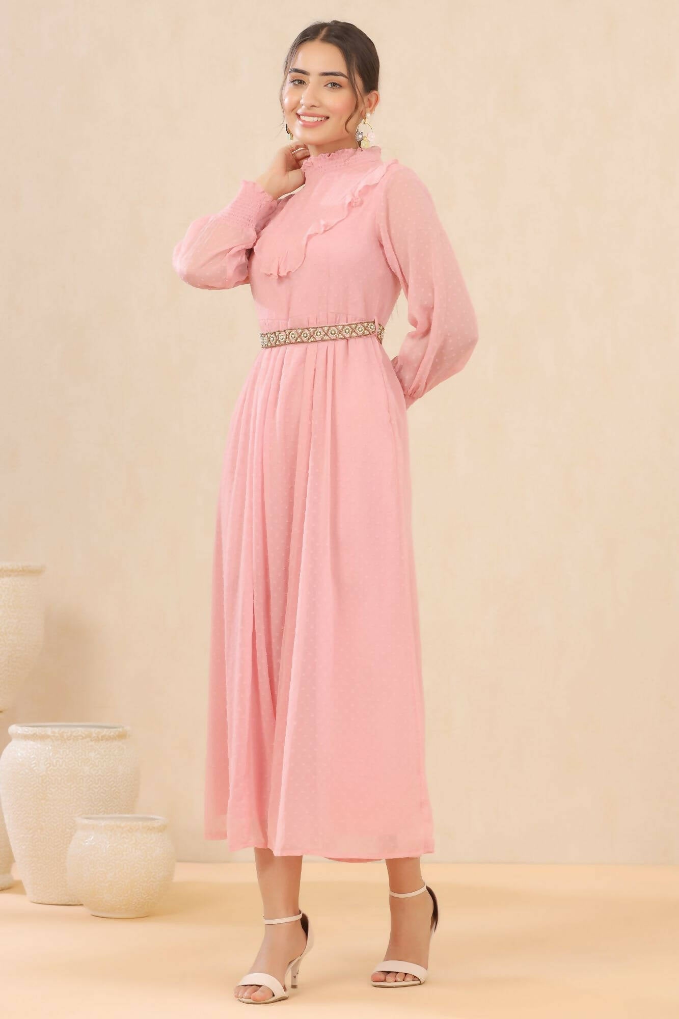 Juniper Women Pink Chiffon Woven Design Flared Dress | Grocsy