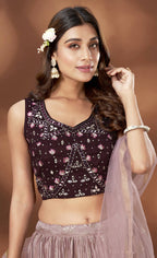 Mauve Chinnon Crush Foil Printed Lehenga Choli with Dupatta - Aakriti | Grocsy
