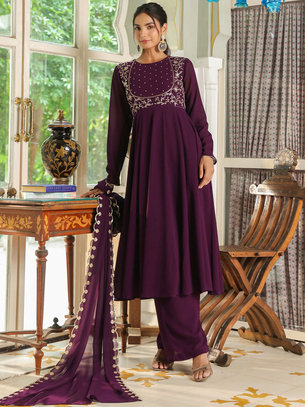 Janasya Purple Georgette Embroidered Kurta,Bottom & Dupatta | Grocsy