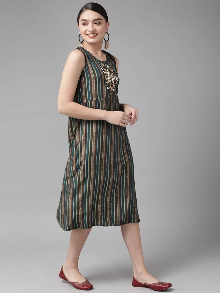 Yufta Teal Green & Coffee Brown Striped Yoke Embroidered Midi A-Line Dress & Ethnic Jacket | Grocsy