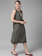 Yufta Teal Green & Coffee Brown Striped Yoke Embroidered Midi A-Line Dress & Ethnic Jacket | Grocsy
