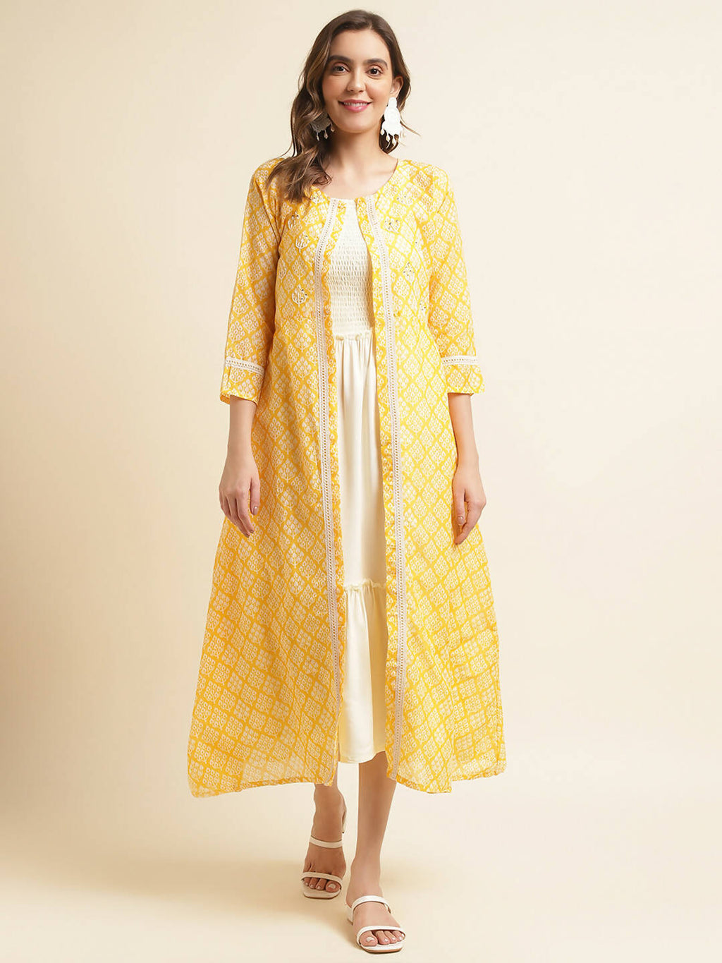 White Cotton Solid Flared Dress with Printed Shrug - Yukti | Grocsy