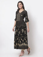 Myshka Women's Black Rayon Printed 3/4 Sleeve V Neck Casual Dress | Grocsy
