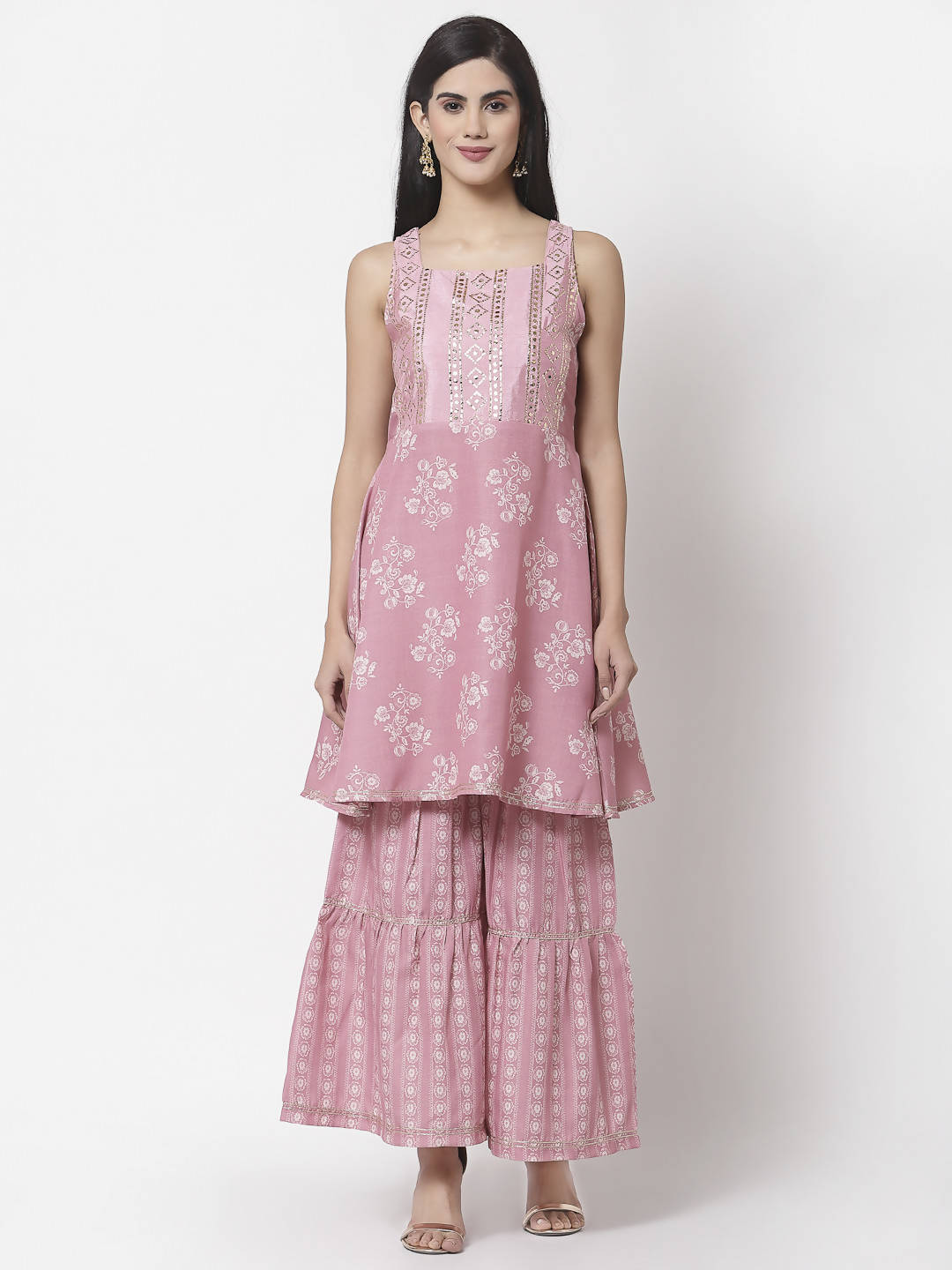 Myshka Women Peach Cotton Blend Printed Sleeveless Shoulder Straps Kurta With Sharara & Dupatta Set | Grocsy