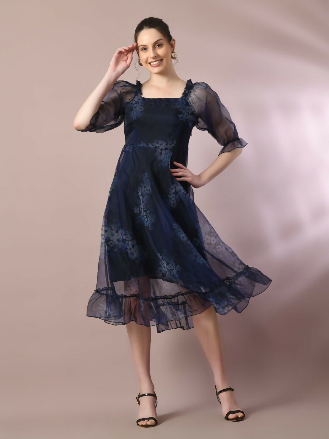 Myshka Women's Navy Blue Printed Square Neck Fit and Flare Party Dress | Grocsy