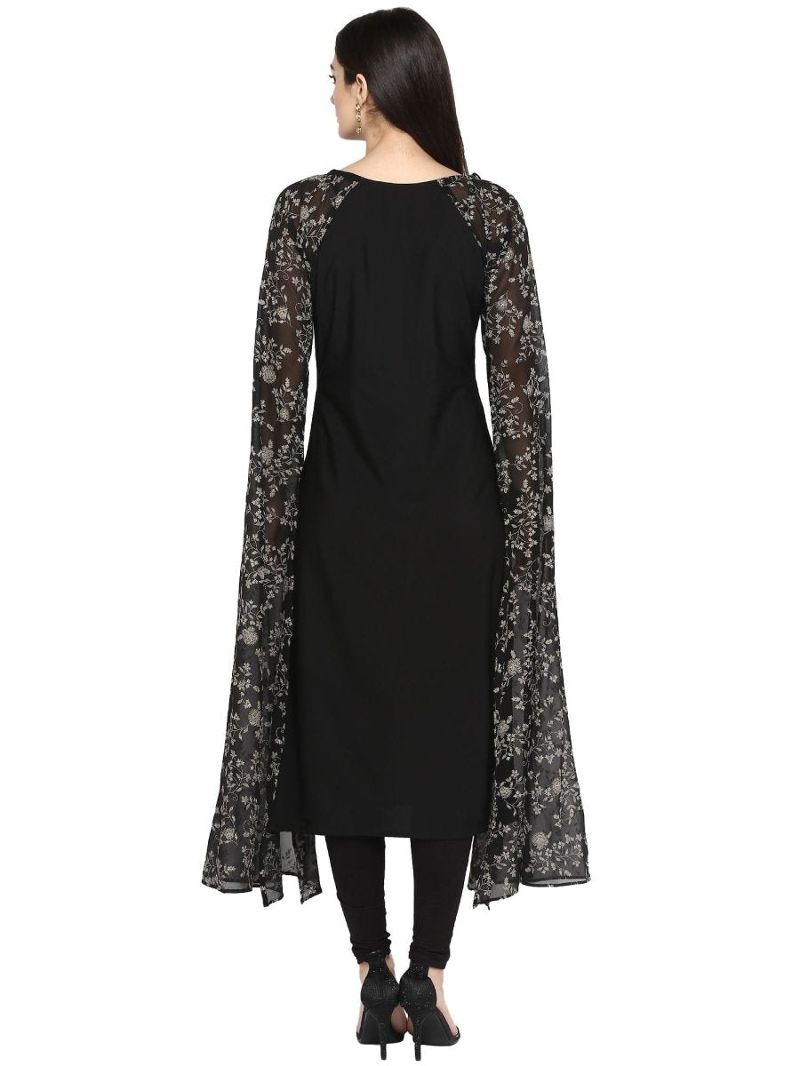 Ahalyaa Women's Black Georgette Rubber Glitter Print Kurta | Grocsy