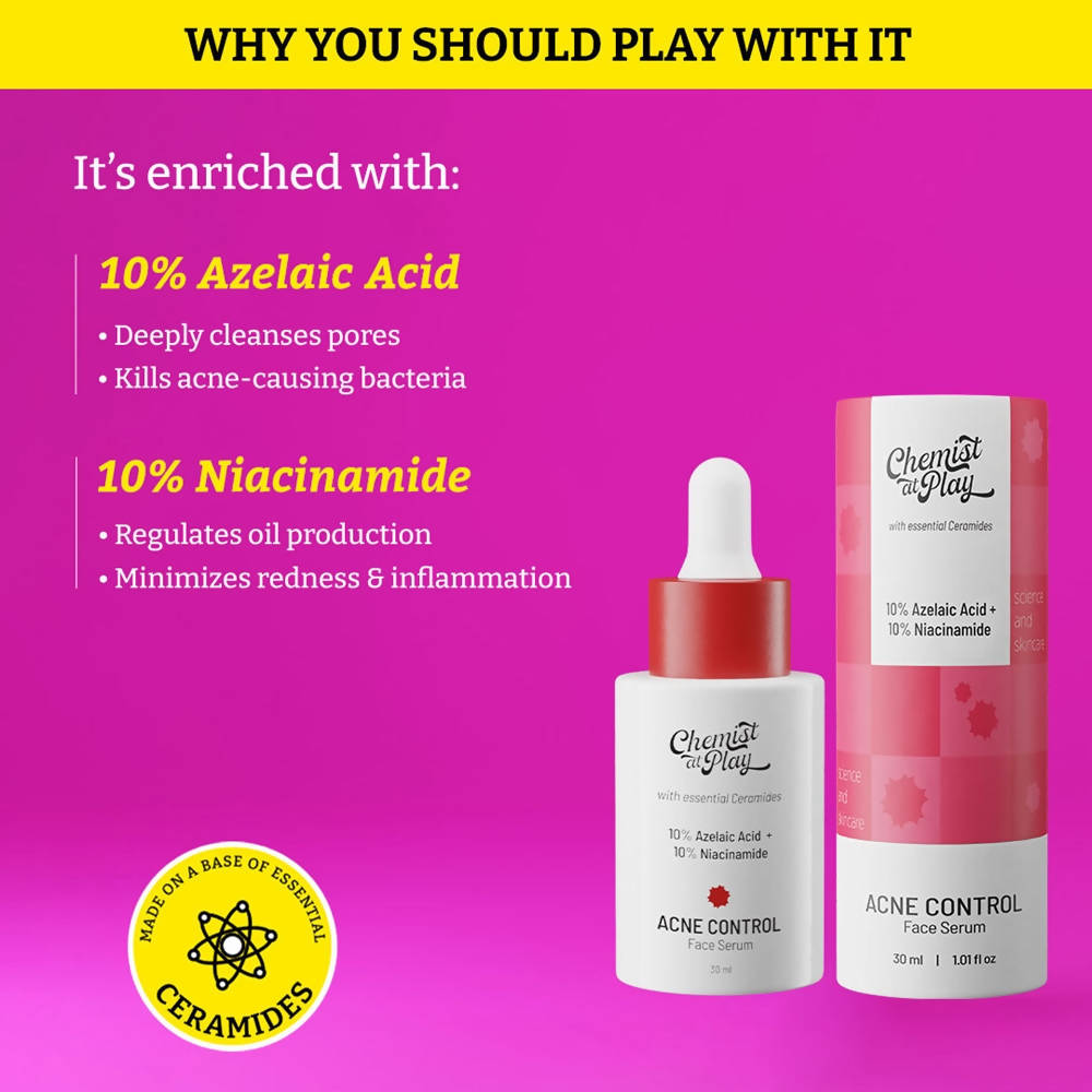 Chemist At Play Acne Control Face Serum for Reduces Acne Scars, Controls Breakouts & Oil Production | Grocsy
