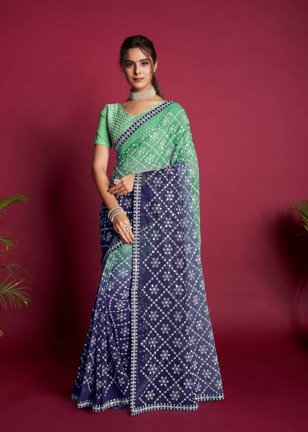 Vamsee Green And Blue Georgette Designer Saree | Grocsy