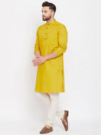 Even Apparels Pure Cotton Yellow Men's Kurta With Band Collar | Grocsy