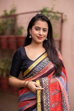 Red Silk Blend Geometric Saree with Unstitched Blouse - Hiral Fashion | Grocsy