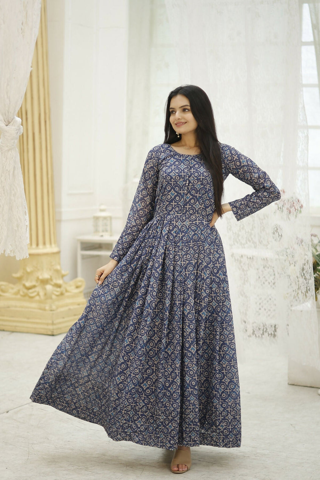 Aayaa Printed Faux Georgette with Embroidery Thread Sequins work Gown - Multi Color | Grocsy