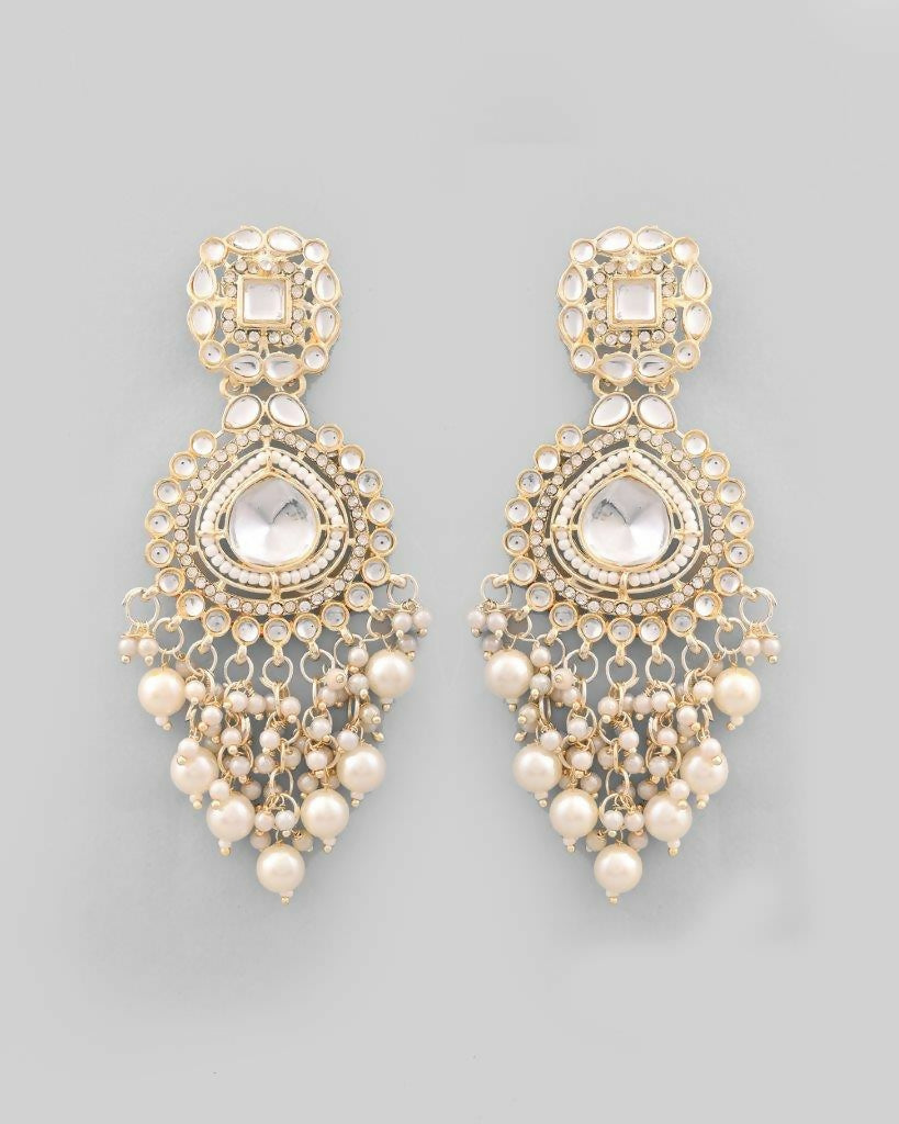 VOJ Gold-Polished Kundan Studded Drop Earrings