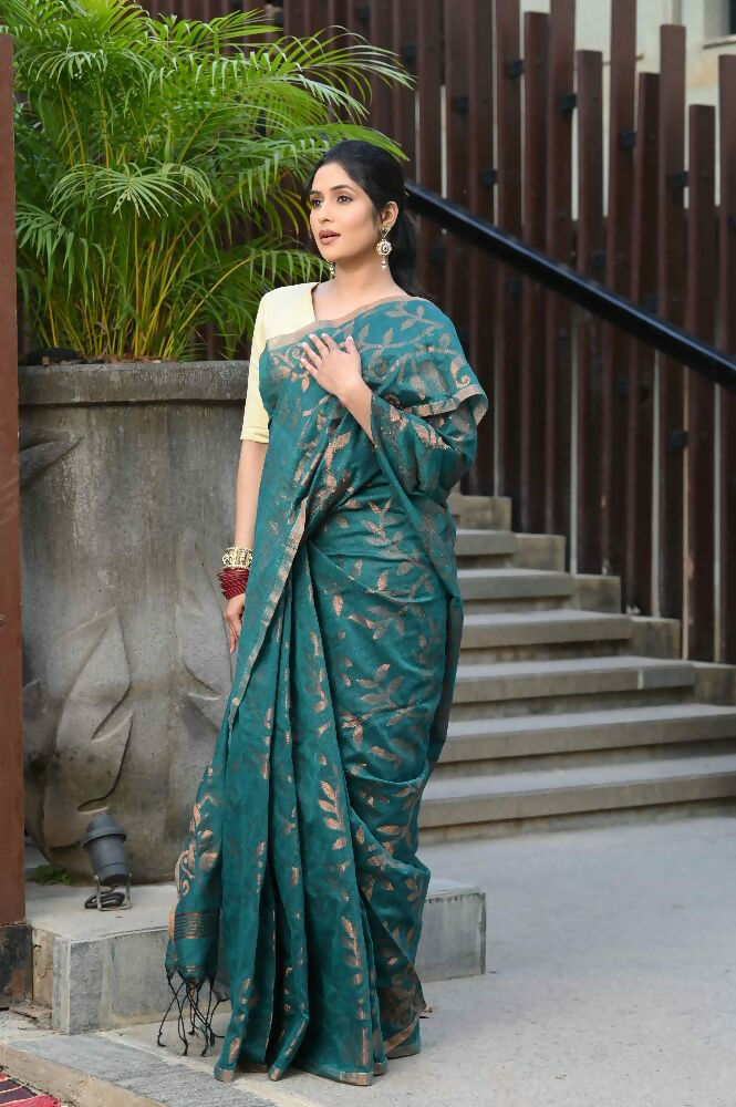 Beatitude Green Cotton Floral Jamdani Saree | Grocsy