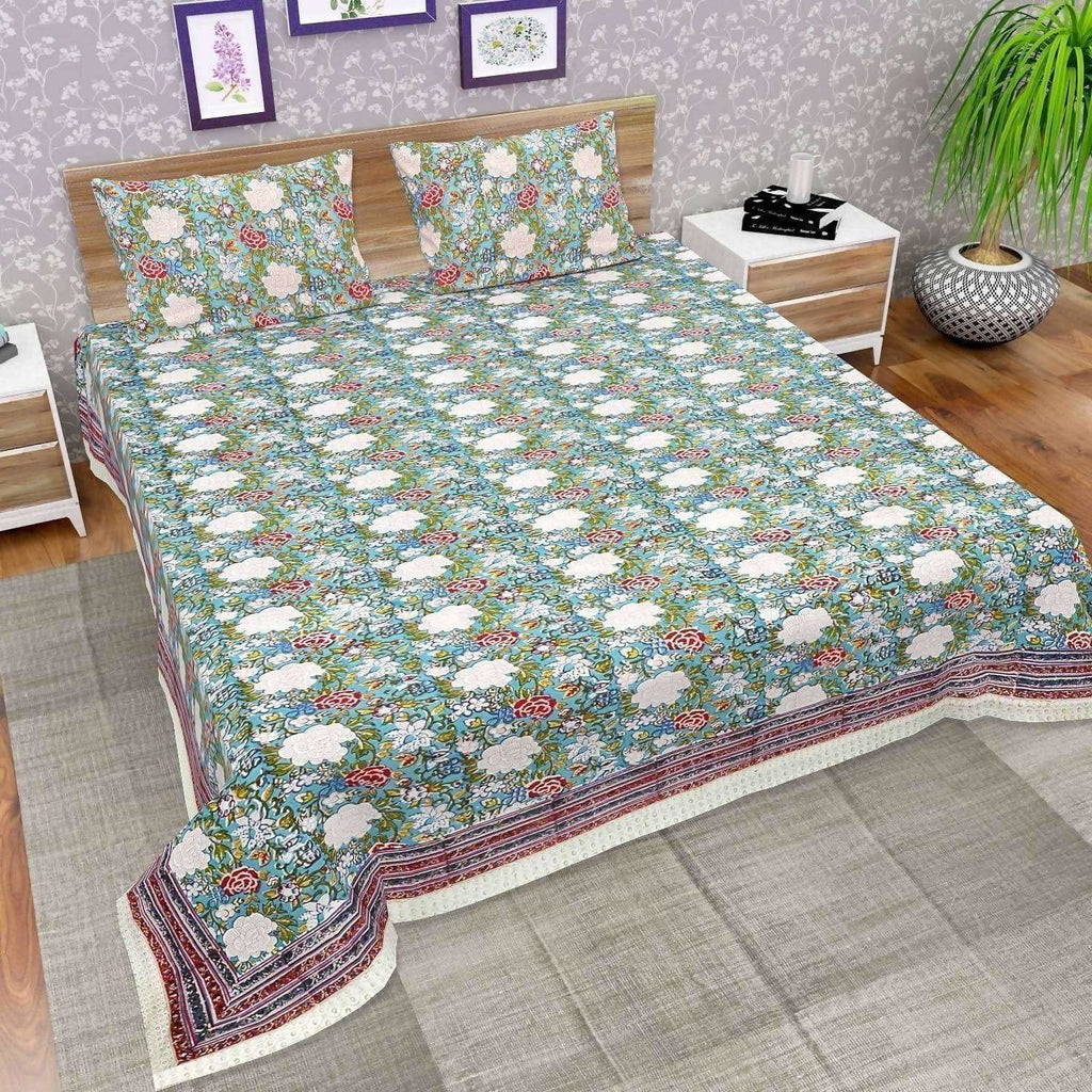 Premium Jaipuri Hand Block Printed Traditional Cotton Queen Bedsheet with 2 Pillow Covers | Grocsy