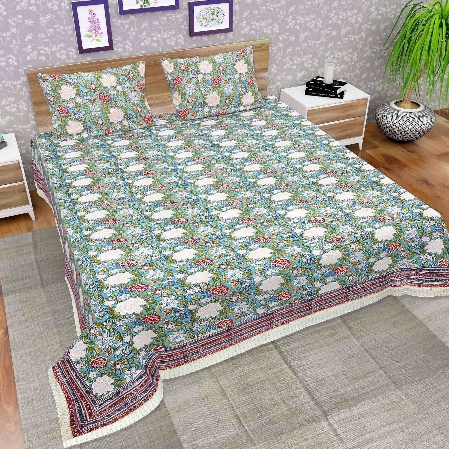 Premium Jaipuri Hand Block Printed Traditional Cotton Queen Bedsheet with 2 Pillow Covers | Grocsy