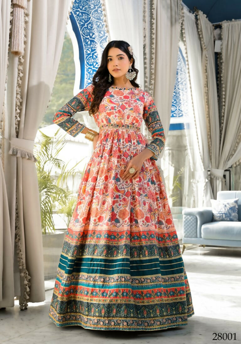 Wedding Designer Multi Soft Dola Silk Anarkali suit with Dupatta - Sanj | Grocsy