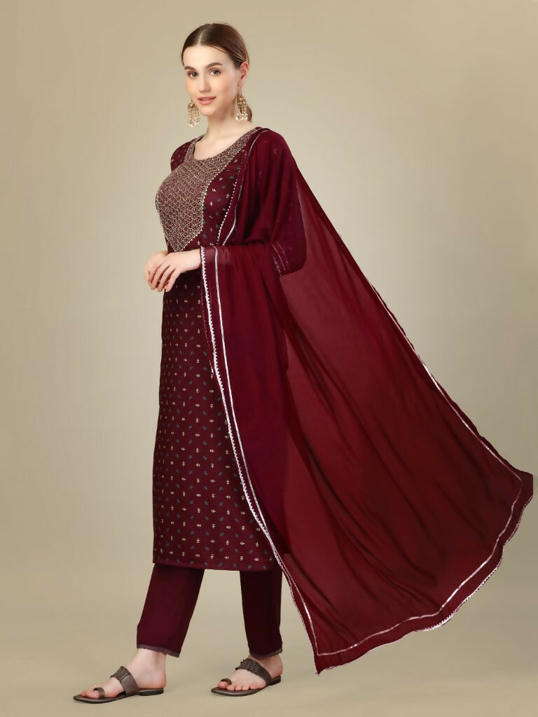 Jyoti Fashion Women's Maroon Silk Blend Embroidery & Sequence work Kurta with Trouser & Dupatta | Grocsy