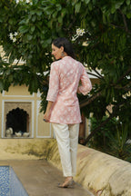 Juniper Women's Peach Cambric Placement Floral Printed Tunic | Grocsy