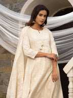 Off White Cotton Cambric Printed with Sequins work Anarkali Kurta with Pant & Dupatta - Akashara | Grocsy
