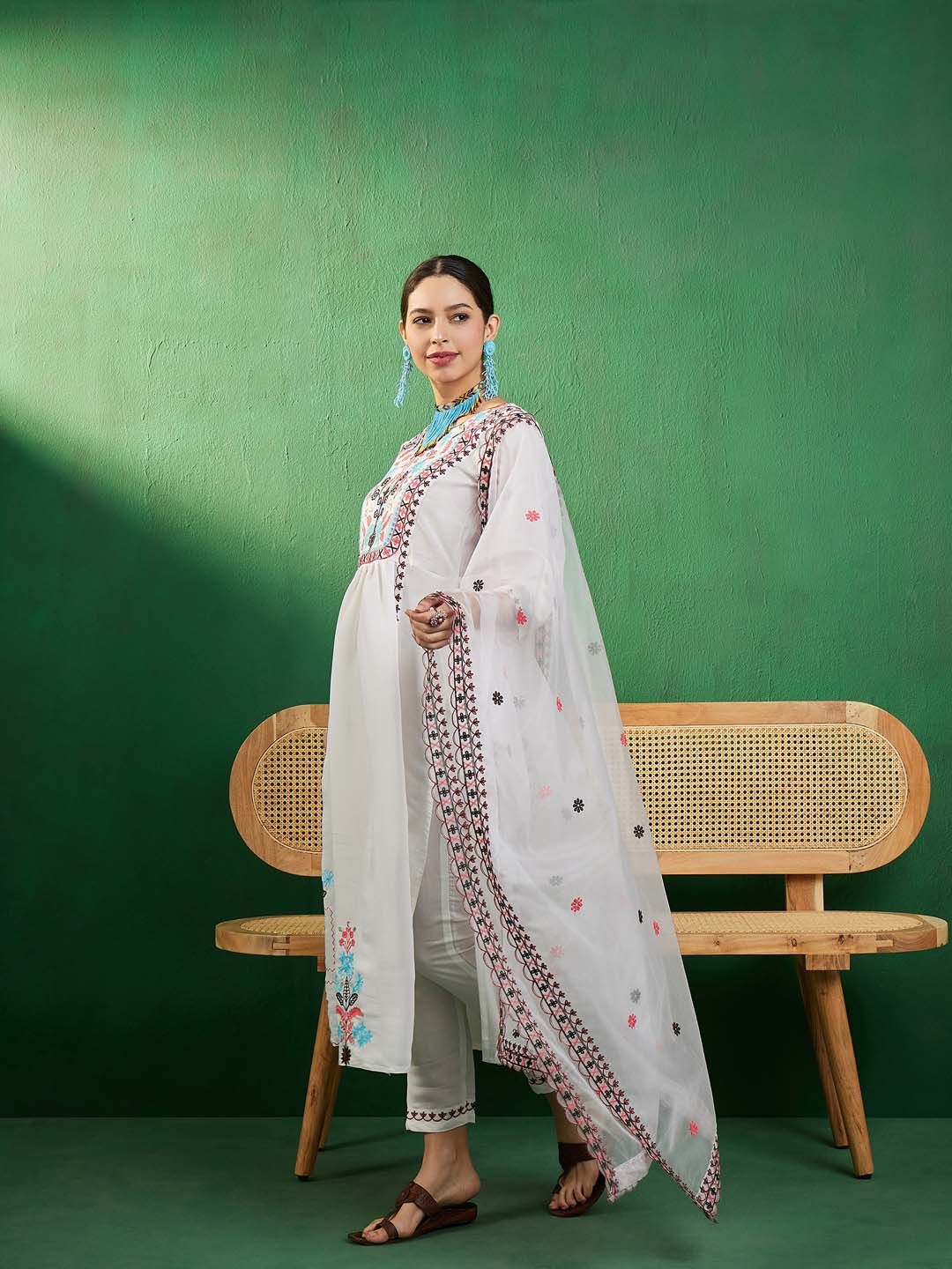 Sangria Off White Embroidered A-Line Kurta With Trouser & Dupatta | Grocsy