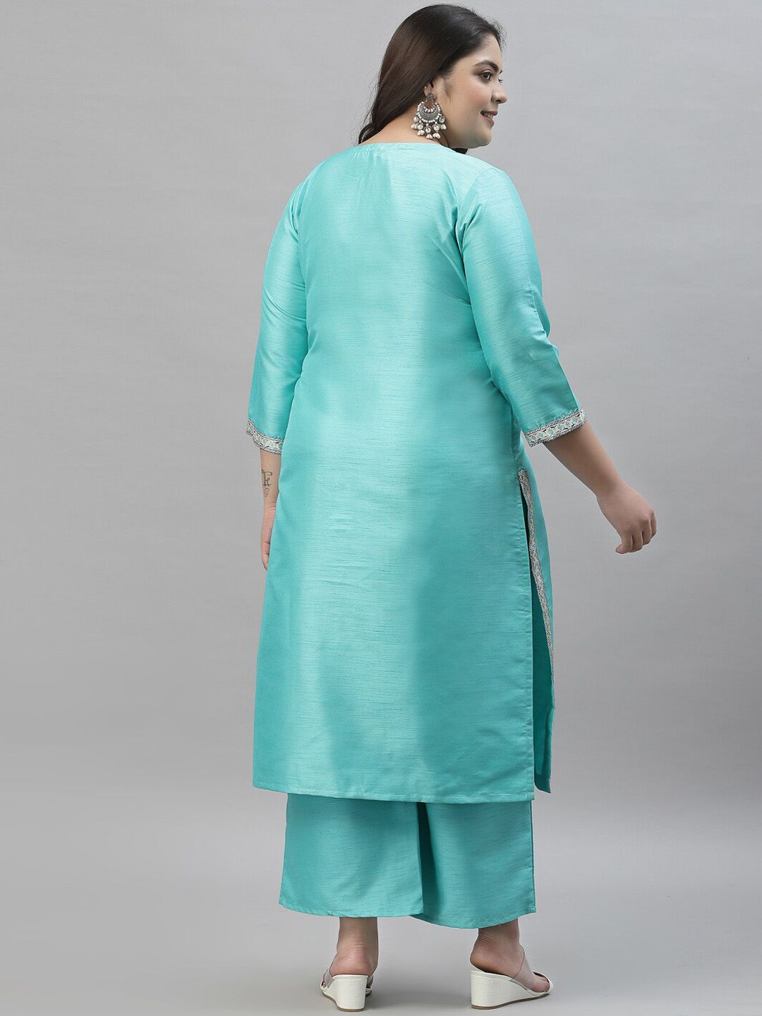 Sztori Plus Size Floral Printed Round Neck Straight Kurta with Palazzos | Grocsy