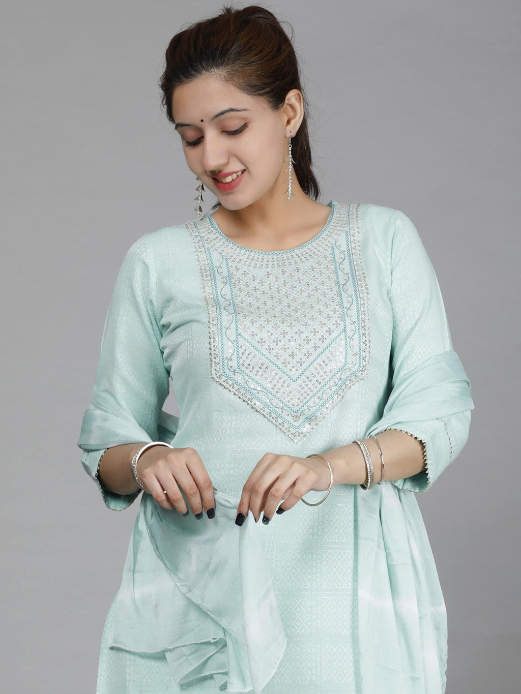 HERE&NOW Green Ethnic Motifs Embroidered Sequined Cotton Kurta Set | Grocsy