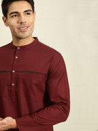 House of Pataudi Men Maroon Solid Straight Kurta | Grocsy
