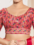 Joban Fashion Pink Jacquard Padded Blouse With Round Neck Elbow Sleeves | Grocsy