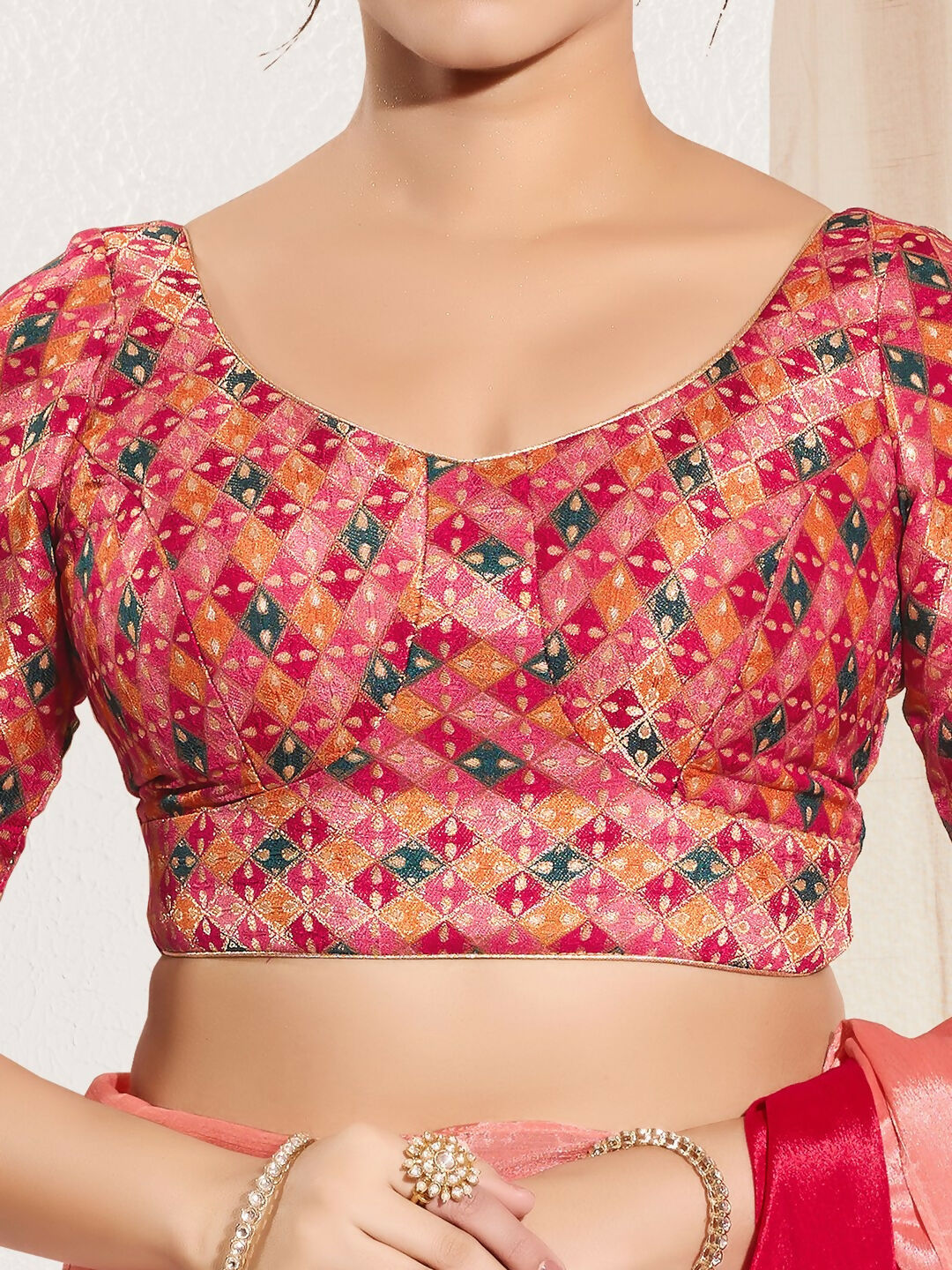 Joban Fashion Pink Jacquard Padded Blouse With Round Neck Elbow Sleeves | Grocsy