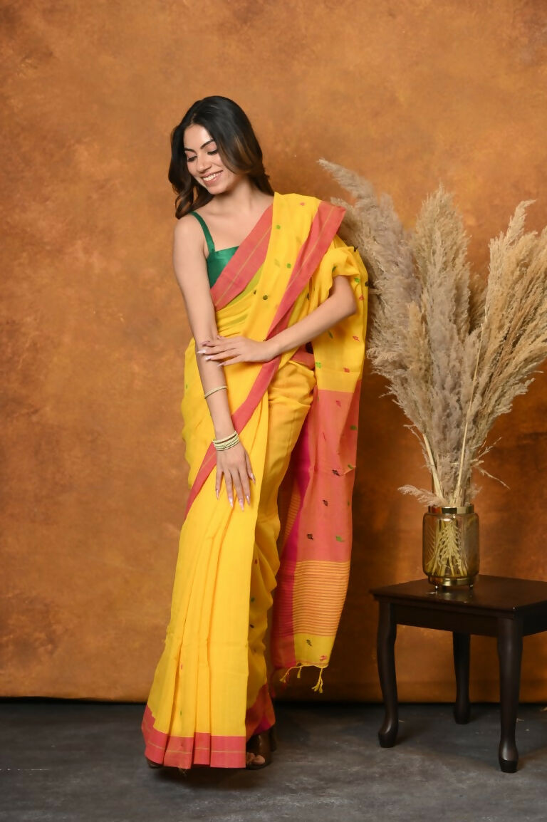 Very Much Indian Handloom Pure Cotton Saree With Sleek Border - Yellow | Grocsy