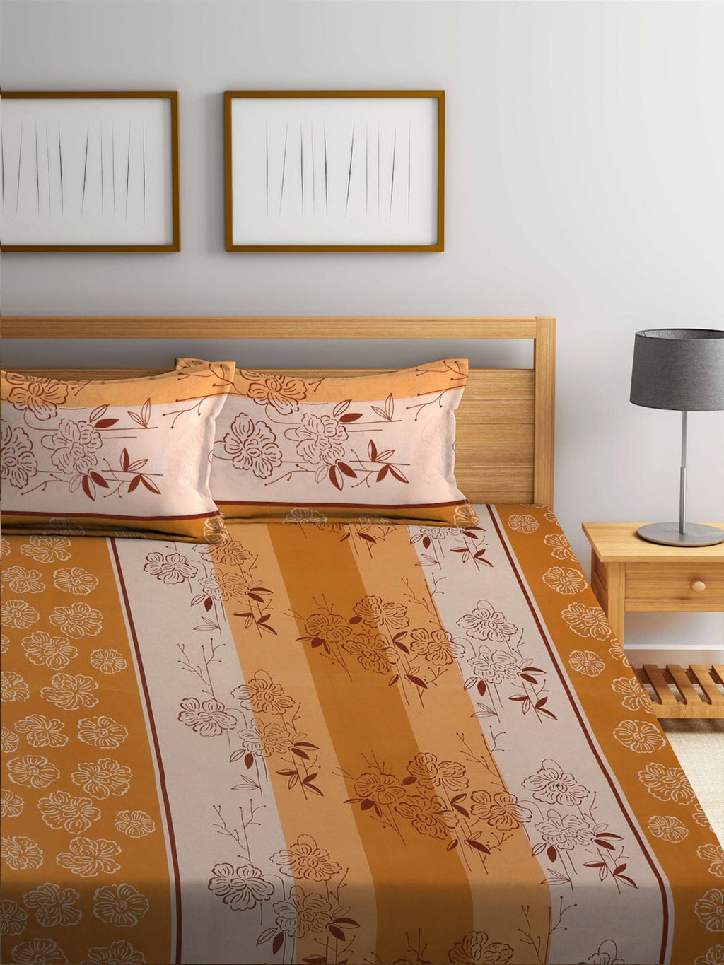 BOMBAY DYEING Beige & Yellow Printed Cotton 104 TC King Bedsheet With 2 Pillow Covers | Grocsy