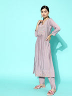 Sangria Women Lavender Ethnic Motifs Yoke Design Regular Thread Work Kurta with Trousers & With Dupatta | Grocsy
