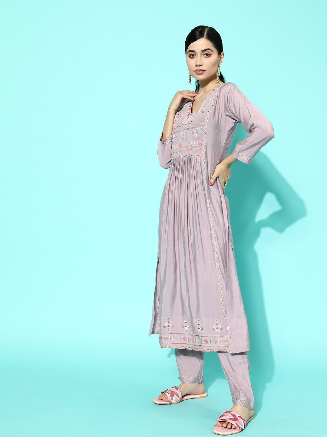 Sangria Women Lavender Ethnic Motifs Yoke Design Regular Thread Work Kurta with Trousers & With Dupatta | Grocsy