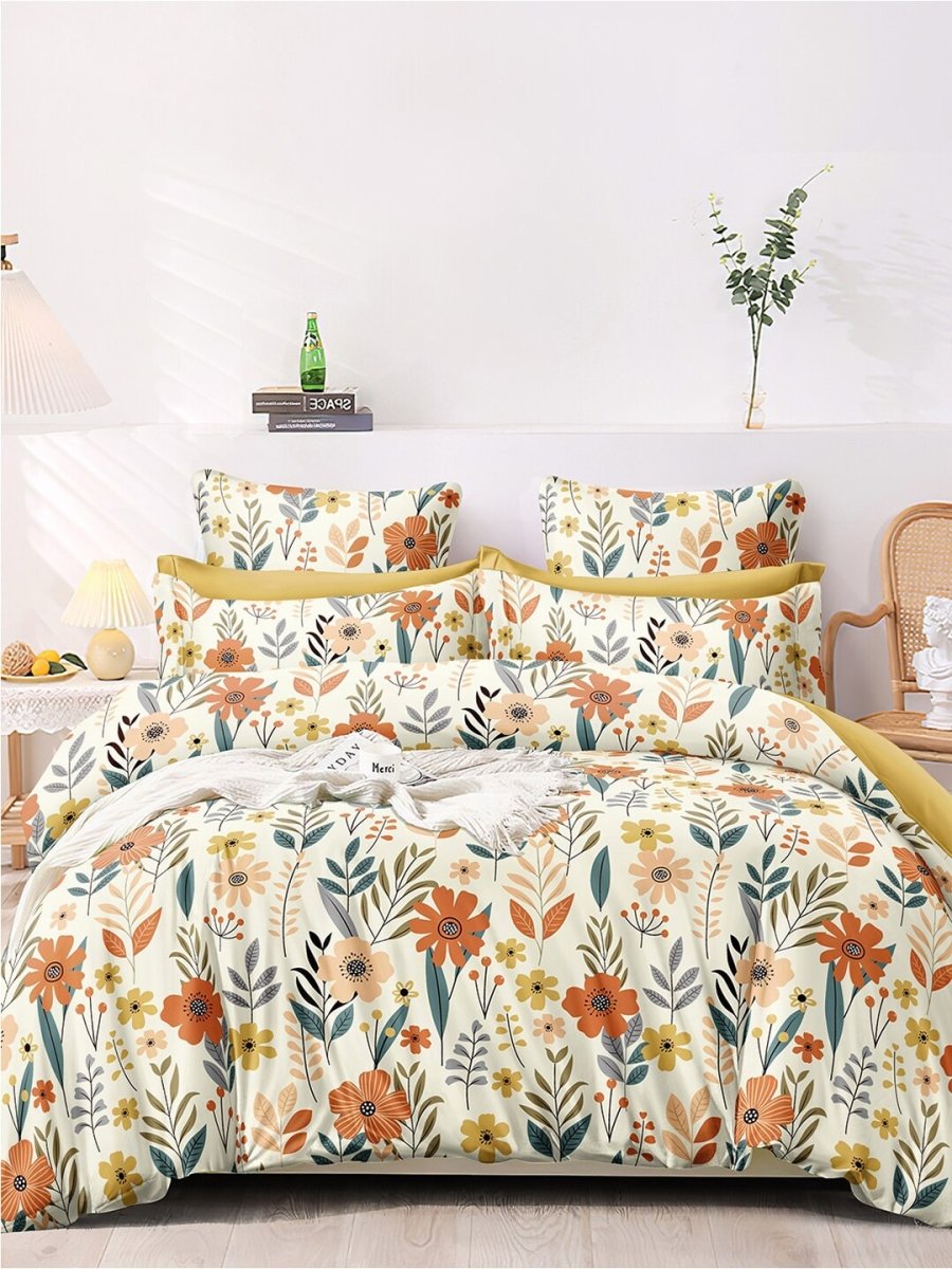 AEROHAVEN Premium Cream-Coloured Floral Cotton 300 TC King Bedsheet & 2 Pillow Covers | Grocsy