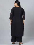 Sztori Plus Size Black Printed Keyhole Neck Straight Kurta with Palazzos | Grocsy