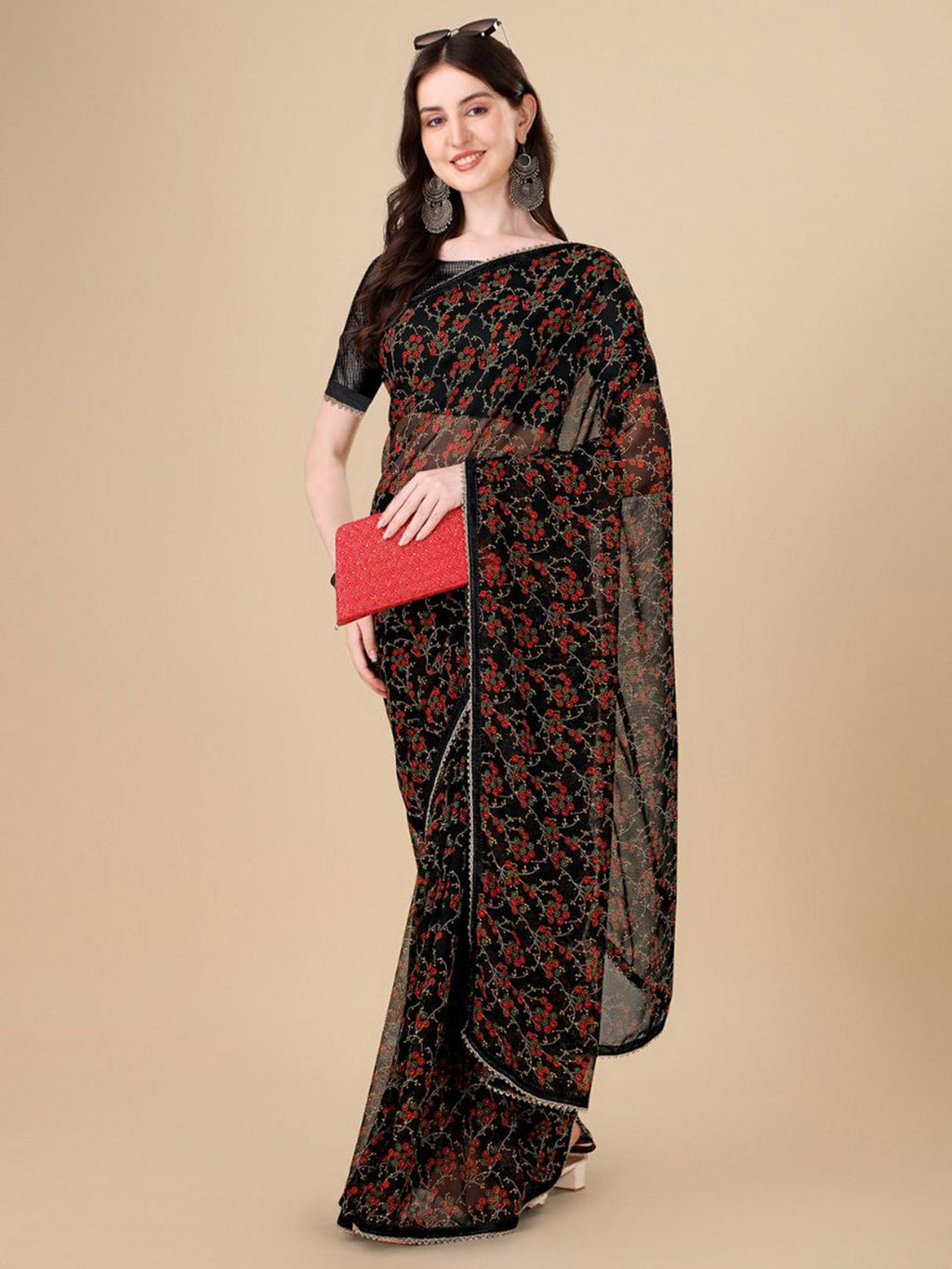 Sangria Black Floral Printed Gotta Patti Detail Pure Chiffon Saree | Grocsy