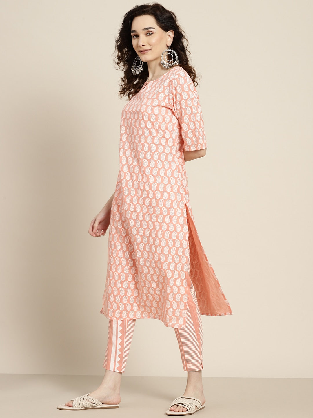 Sangria Women Peach-Coloured & White Ethnic Printed Pure Cotton Kurta set | Grocsy
