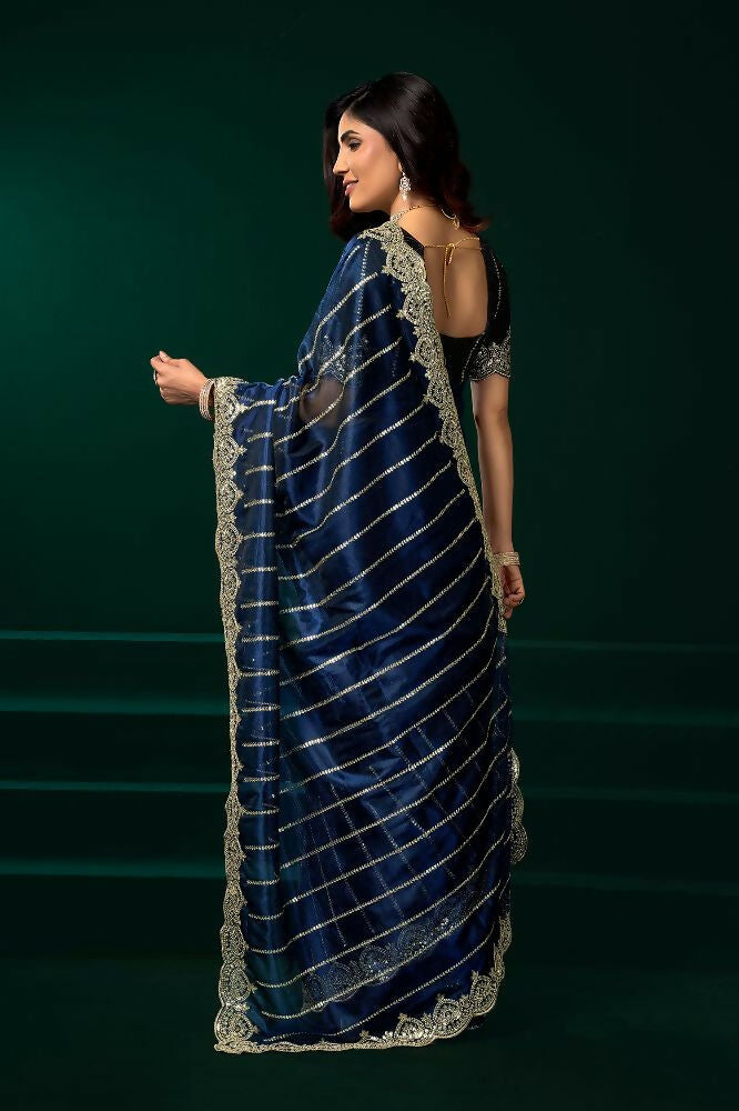 Joban Fashion Navy Blue Net Party Wear Sarees | Grocsy