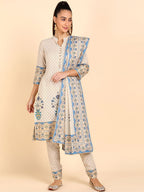 HERE&NOW Women Blue Floral Printed Pure Cotton Kurta with Trousers & With Dupatta | Grocsy