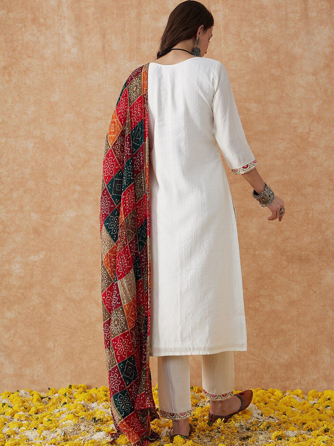 Sangria White Ethnic Motifs Embroidered Thread Work Straight Kurta & Trouser With Dupatta | Grocsy
