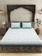 JAIPUR FABRIC Blue Ethnic Motifs Cotton 250 TC Super King Bedsheet With 2 Pillow Covers | Grocsy