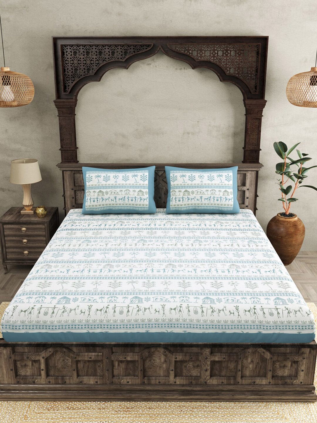 JAIPUR FABRIC Blue Ethnic Motifs Cotton 250 TC Super King Bedsheet With 2 Pillow Covers | Grocsy