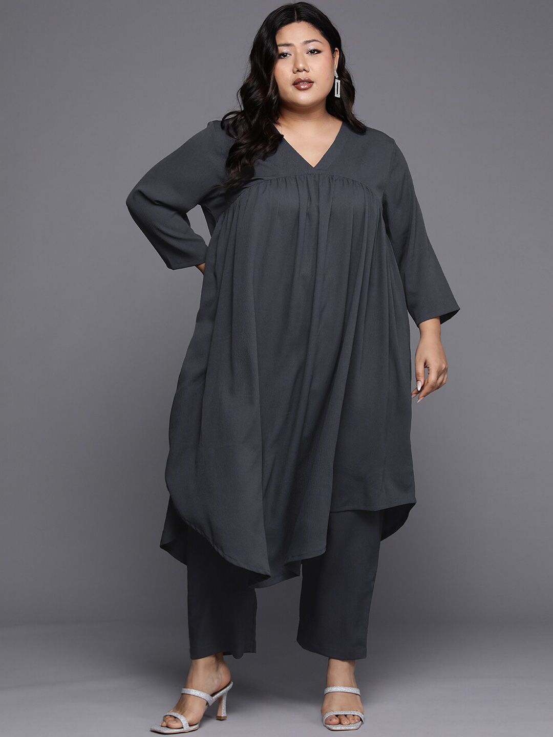 Sztori Plus Size V Neck A Line Kurta With Trouser | Grocsy