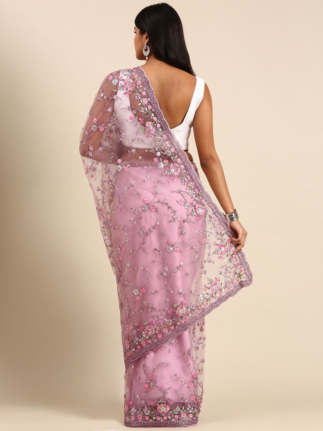 kasee Floral Embroidered Net Saree | Grocsy
