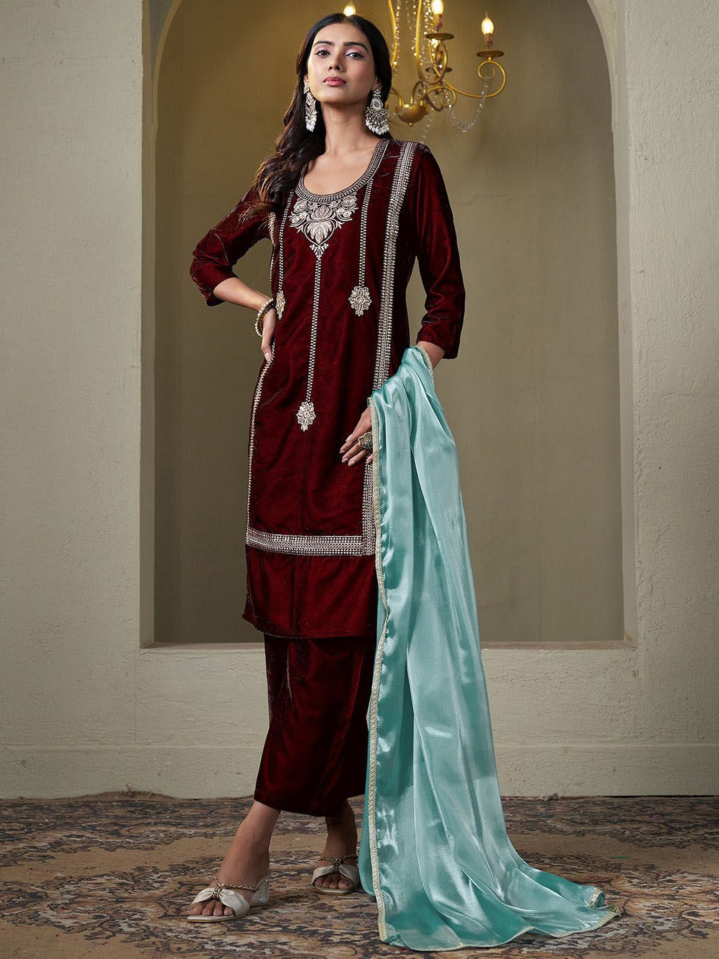 Sangria Embroidered Kurta & Trouser With Dupatta | Grocsy