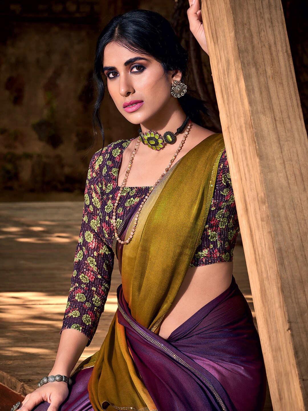 Saree Mall Purple & Beige Ombre Embroidered Sarees | Grocsy