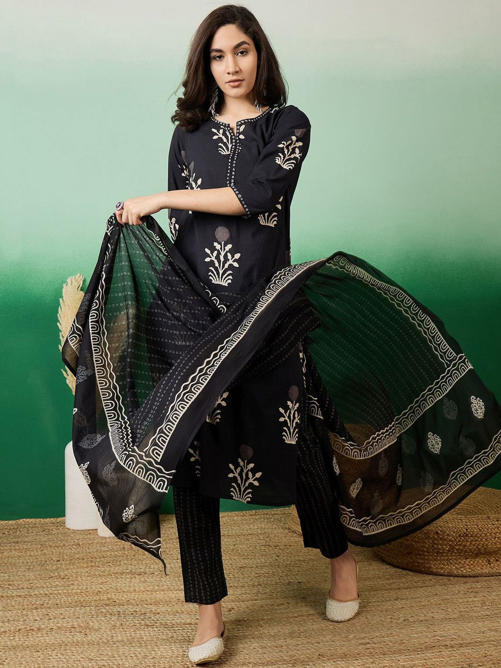 Sangria Notch Neck Printed Pure Cotton Kurta With Trousers & Dupatta | Grocsy