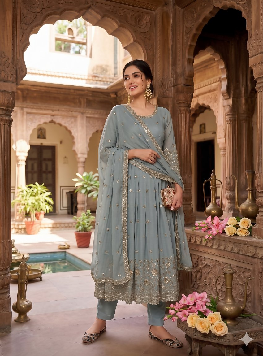 Teeya Creation Elegant Grey Embroidered Anarkali Kurta Set With Mirror Work Dupatta | Grocsy