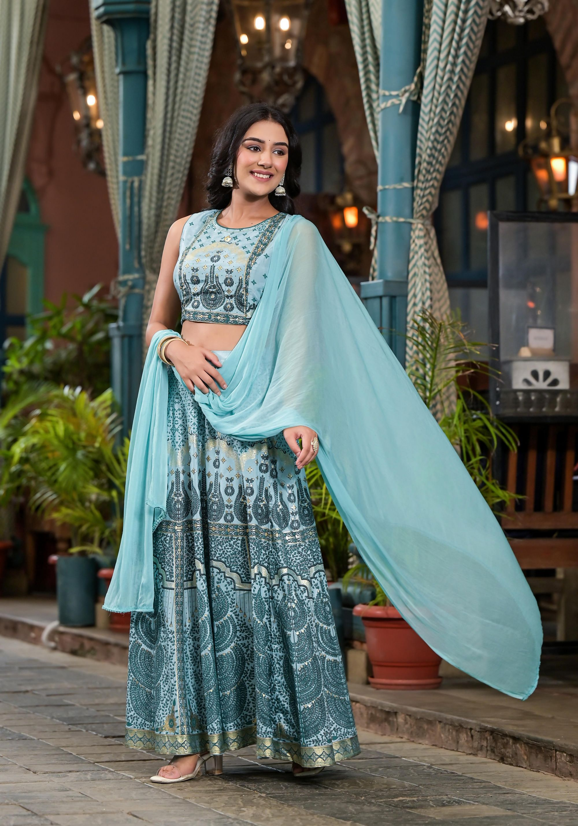 Juniper Women's Aqua Ethnic Motif Printed Lehenga Set With Sequins & Gota Patti | Grocsy